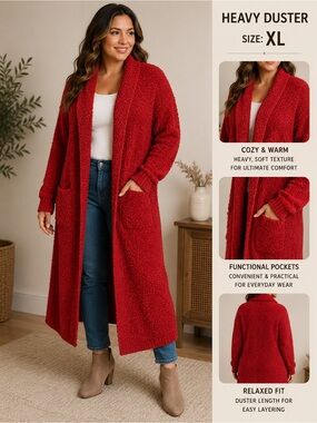 Objectives heavy acrylic Red Bouclé Open-Front Cardigan Duster XL
